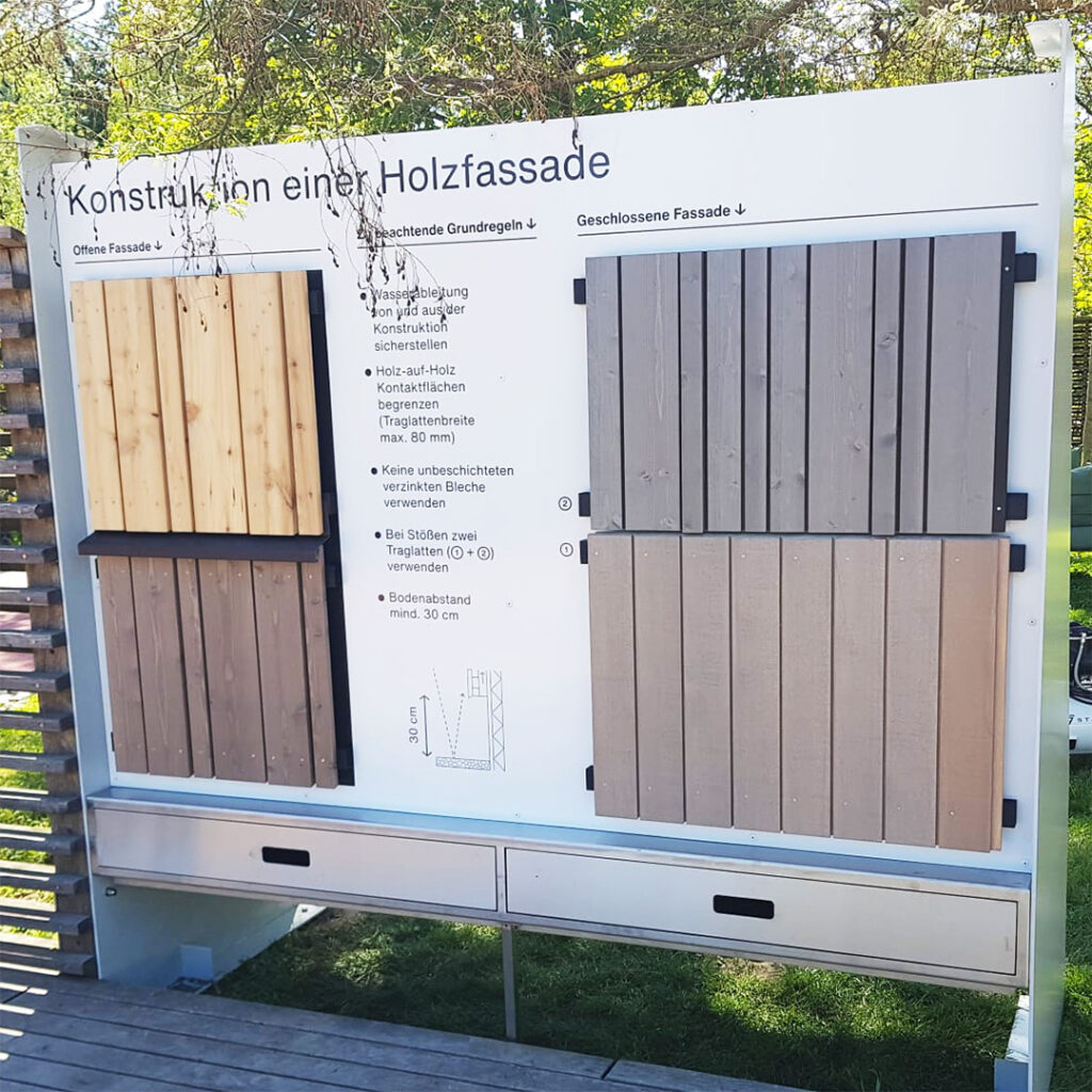 Tafel, die die Konstruktion einer Außenfassade aus Holz erklärt.